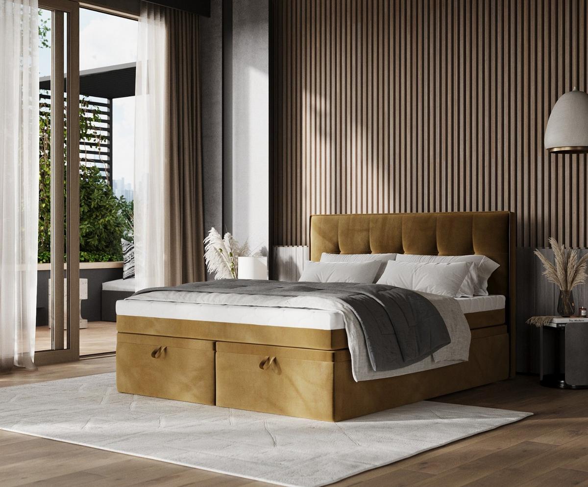 BOXBETT Arivo 160/200 cm Honiggelb im Kronos Stoff - Schwarz/Honig, Holz/Holzwerkstoff (160/200cm) - AltaBeds