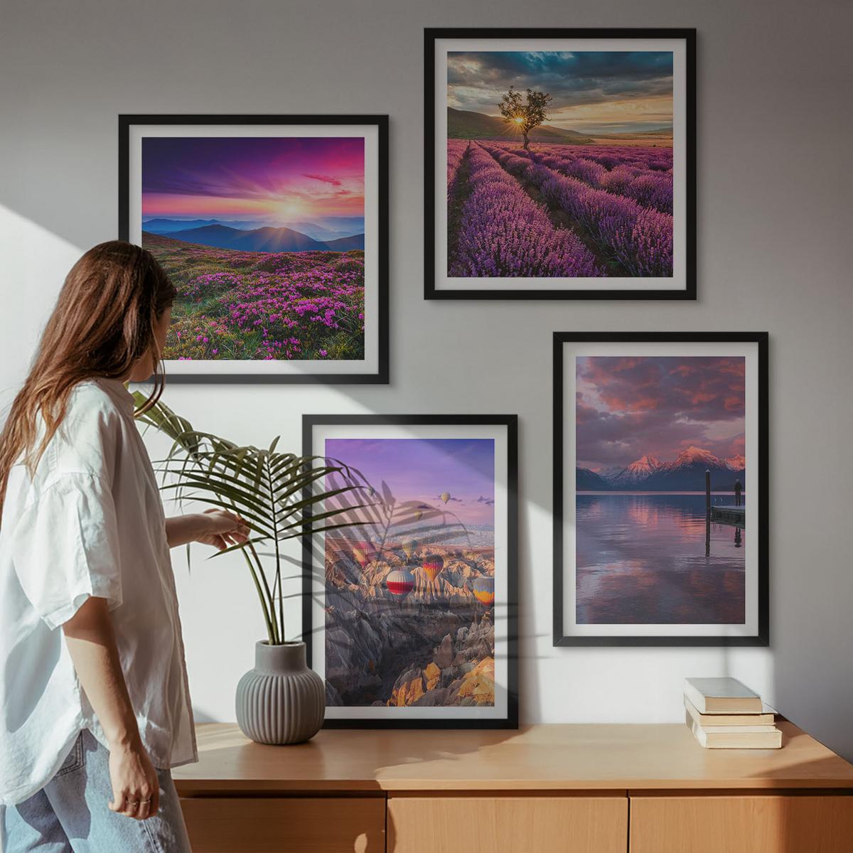 BILDER SET 4er Set - 50x50 cm & 40x60 cm Schwarzer Rahmen - Sonnenuntergang auf Lavendelfeldern - Schwarz, Kunststoff (50/50cm) - TULUP