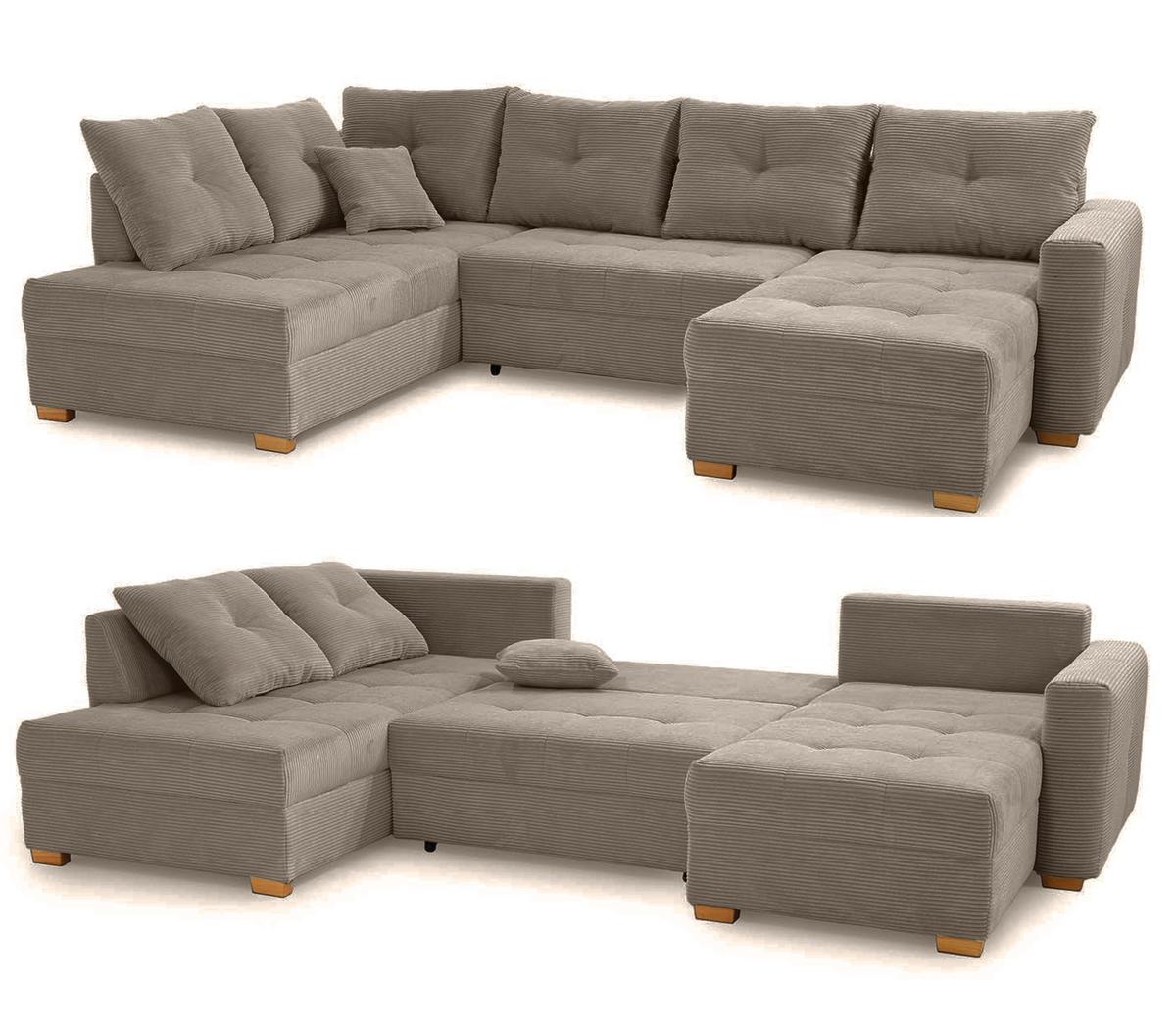 WOHNLANDSCHAFT mit Schlaffunktion und Bettkasten, spiegelverkehrt montierbar U-Form B313/T200/H92 cm, Cord Braun Taupe / 15219 - Eichefarben/Braun, Holz/Textil (313/92/200cm) - luma-home