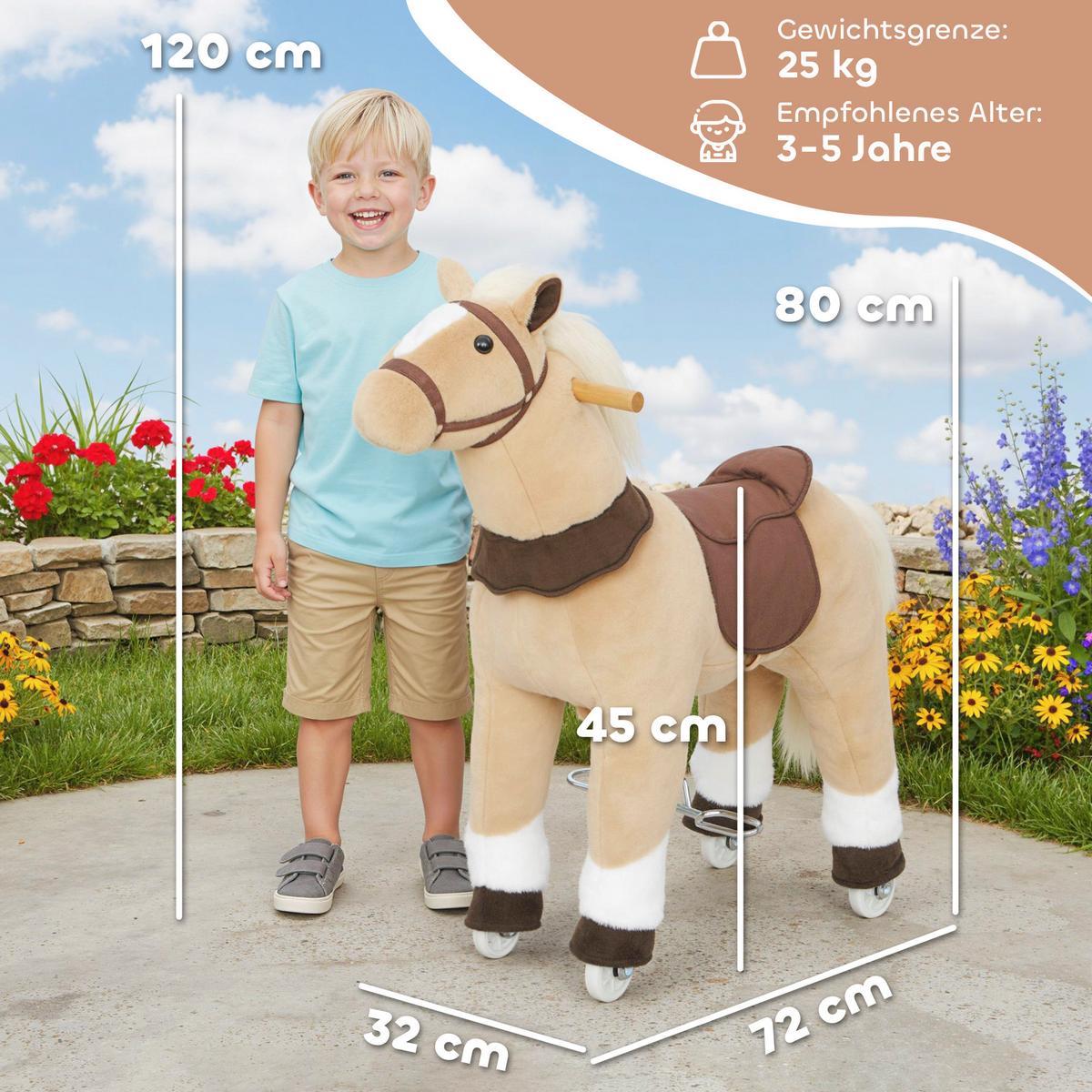 REITPFERD Spielpferd zum Reiten mit Sattel Rollen 80 cm Stehpferd Braun - Braun, Textil (28/80/72cm) - AIYAPLAY