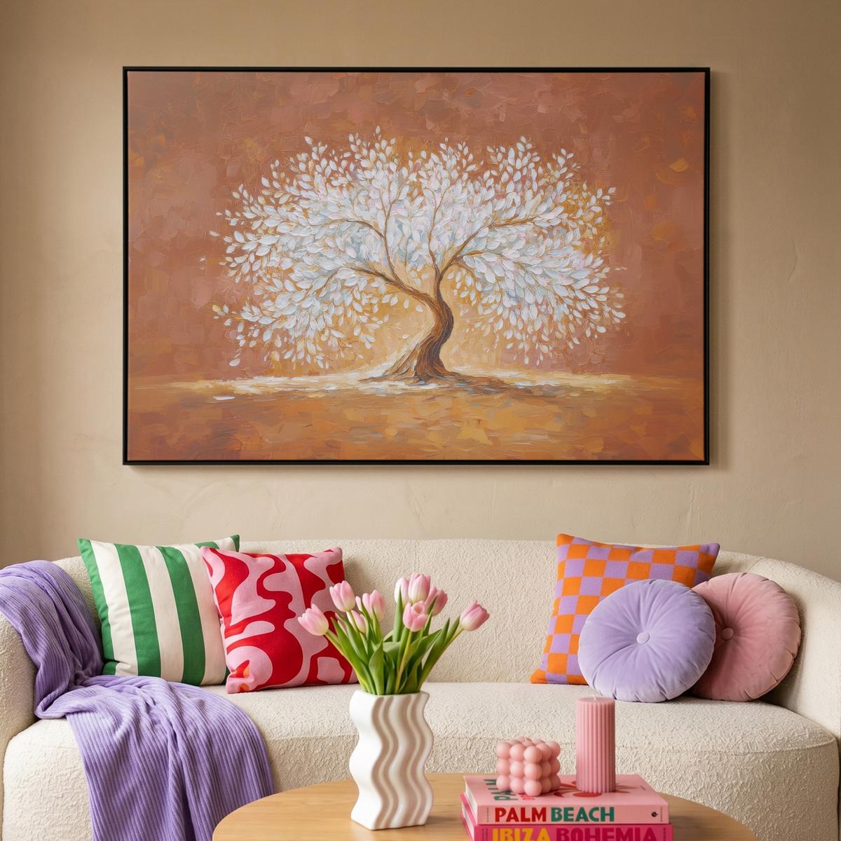 LEINWAND Bilder mit Rahmen - Abstrakt - Baum - Weiß - Blätter - 120x80 - Braun, Textil (120/80cm) - MuchoWow