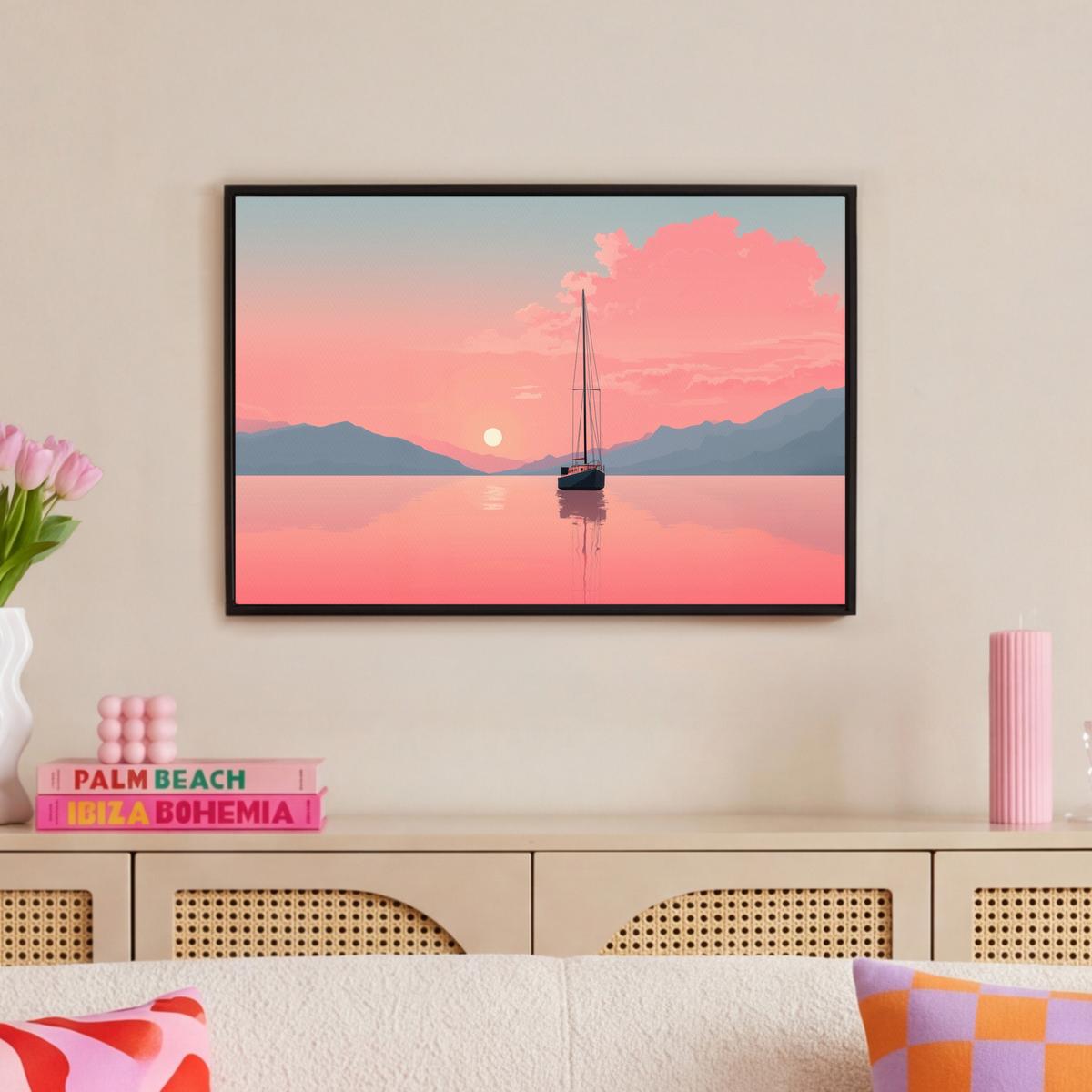 LEINWAND Bilder mit Rahmen - Segelboot - Rosa Meer - Sonnenuntergang - Berge - 60x40 - Rosa, Textil (60/40cm) - MuchoWow