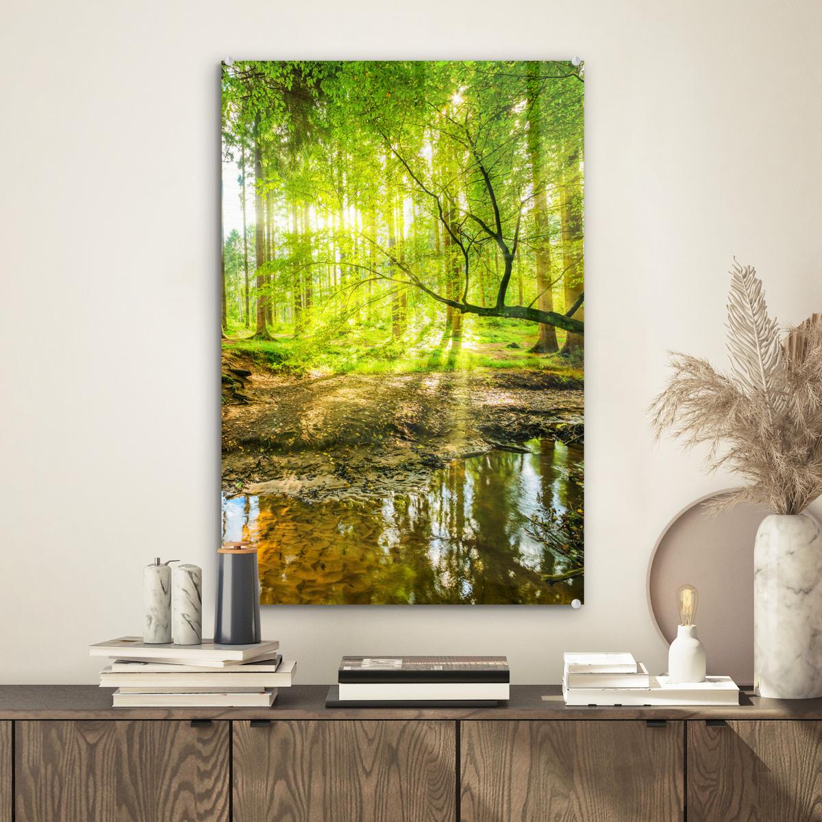 ACRYLGLASBILD Wald - Landschaft - Wasser - Bäume - Sonne - Grün - Natur Wanddeko Wohnzimmer 40x60 cm - Grün, Glas (40/60cm) - MuchoWow