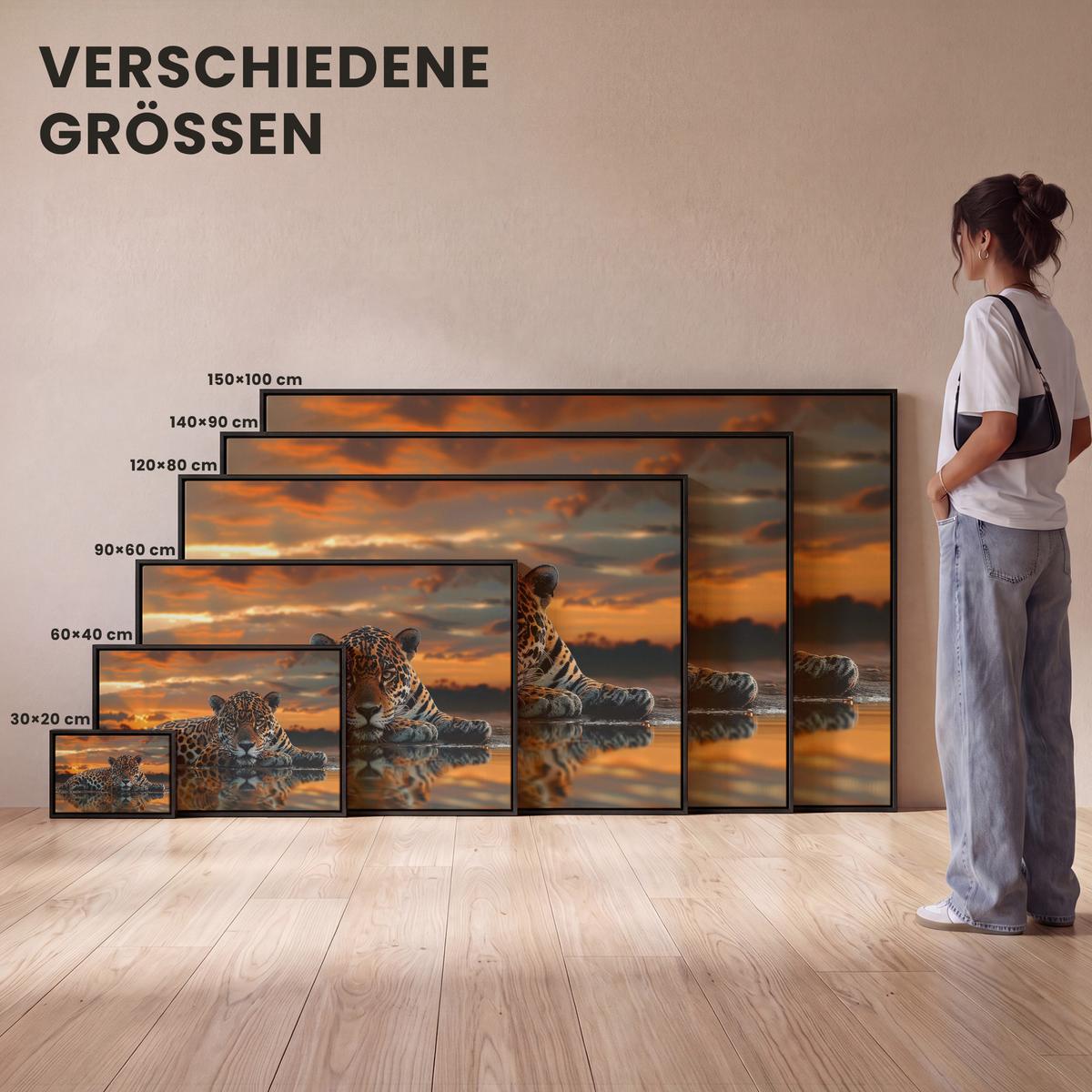 LEINWAND Bilder mit Rahmen - Natur - Leopard - Tier - Sonnenuntergang - Modern - 120x80 - Orange, Textil (120/80cm) - MuchoWow