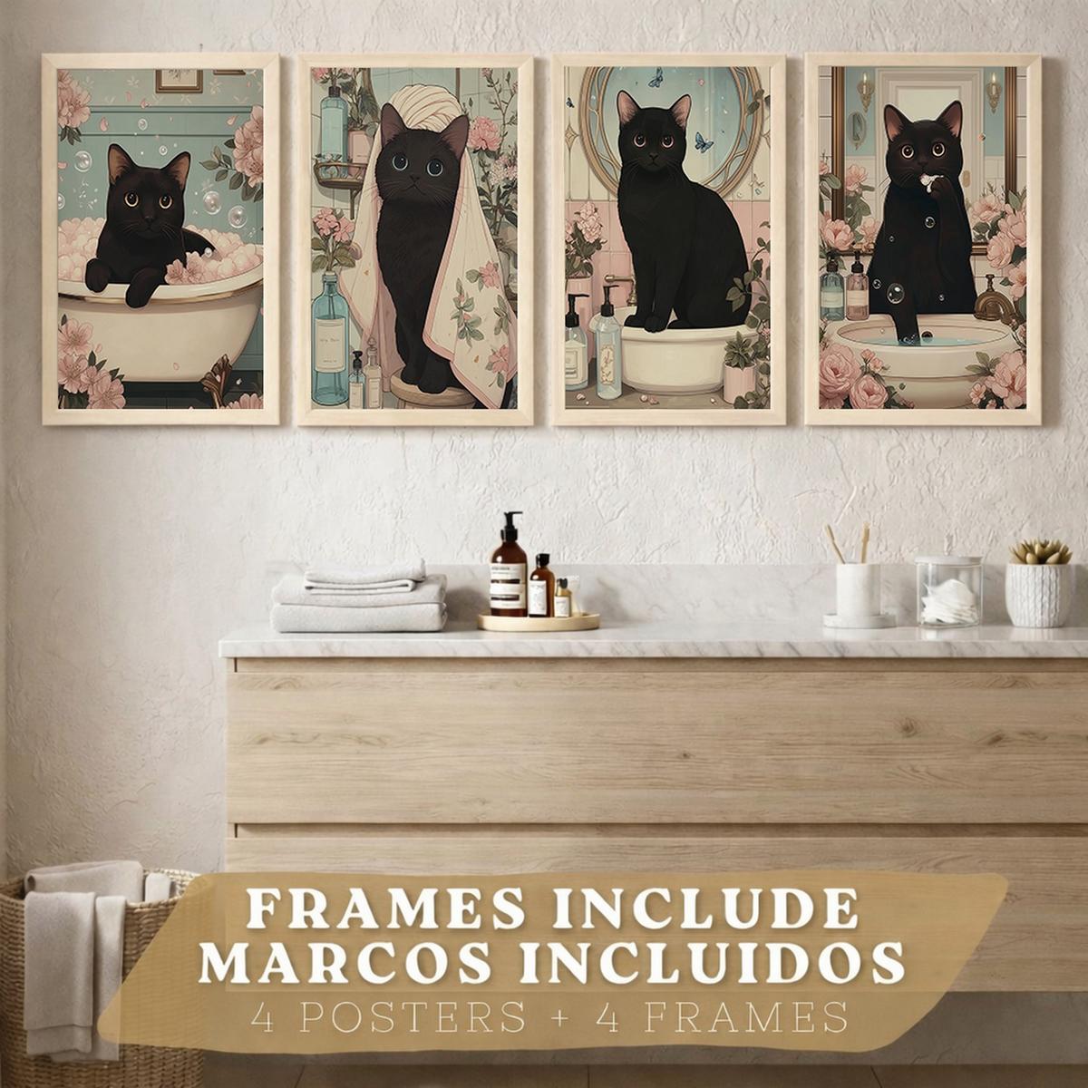POSTER 4er-Set dekorative Kunstdrucke, schwarze Katze im Badezimmer, niedliches Blumenposter für Toilette, sanfter Leichter Holzrahmen A4 - Beige, Papier (29.7/21/3cm) - Nacnic