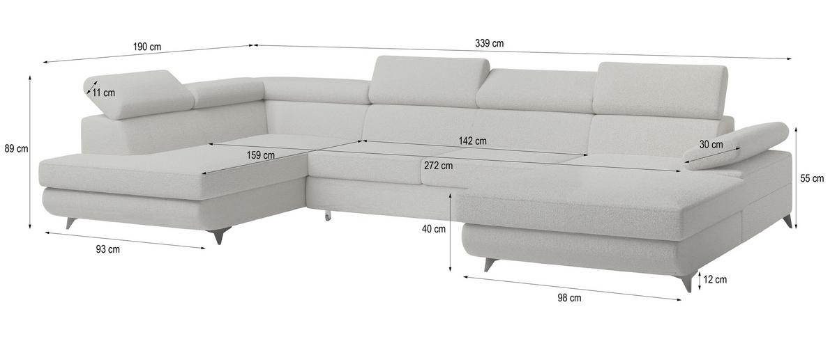 WOHNLANDSCHAFT RUBANO R-S Grün Boucle-Stoff mit Schlaffunktion - Grün, Holz (339/89/190cm) - MASSENO