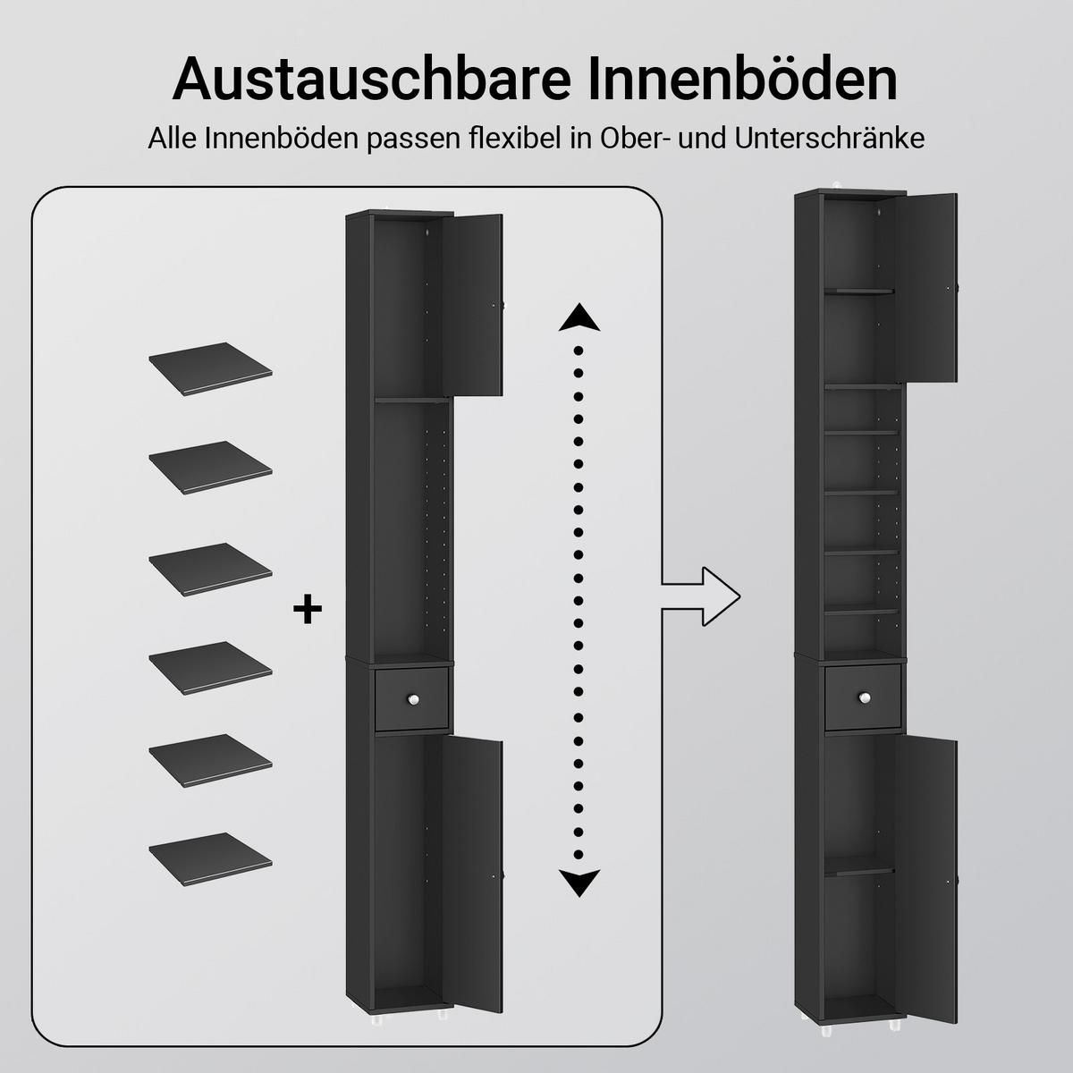 HOCHSCHRANK schmal, MDF (E1), 20x180x20cm, Schwarz - Silberfarben/Schwarz, Holzwerkstoff/Metall (20/180/20cm) - SoBuy