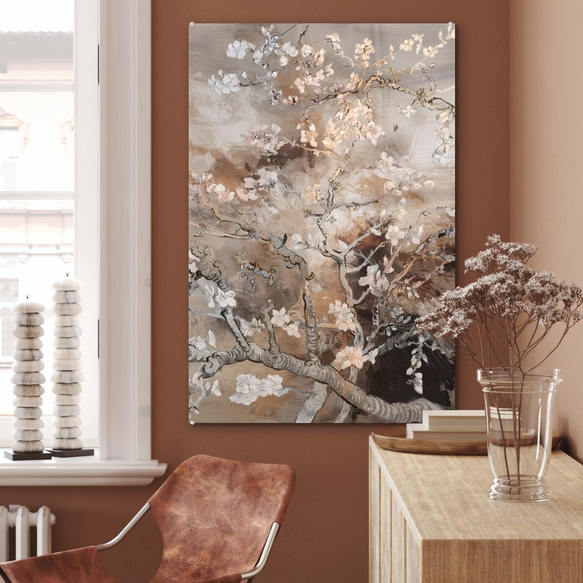 ACRYLGLASBILD Mandelblüte - Kunst - Van Gogh - Beige - Abstrakt 80x120 cm - Braun, Glas (80/120cm) - MuchoWow