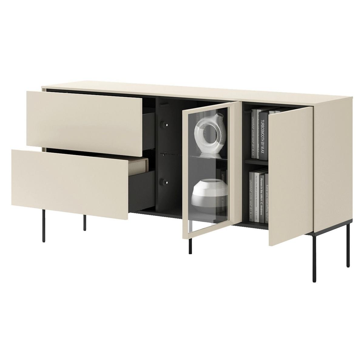 SIDEBOARD Bellezo mit beleuchteter Glasvitrine Creme 196 cm - Creme/Schwarz, Holzwerkstoff/Metall (166/85/41cm) - Selsey
