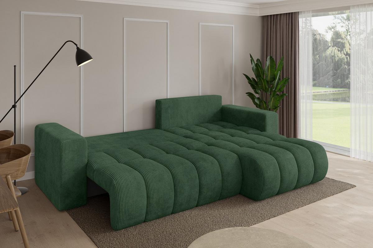 ECKSOFA mit Schlaffunktion Ottomane Rechts MILA-L-v1 277x195x86 Grün Cord - Dunkelgrün/Schwarz, Holzwerkstoff/Kunststoff (277/194cm) - ALTDECOR