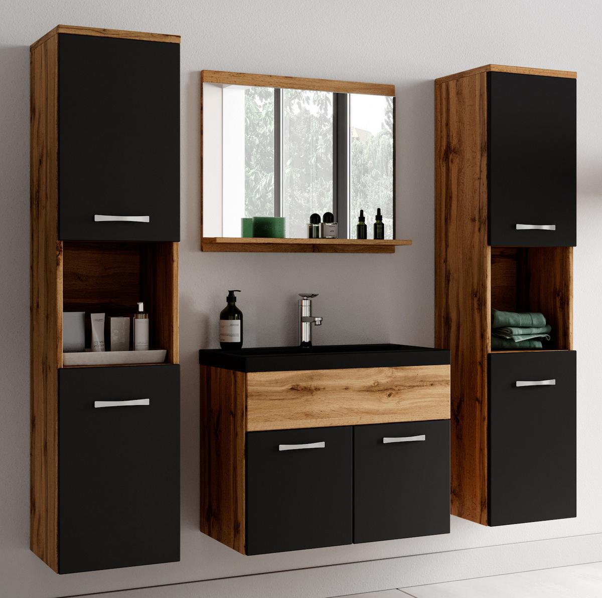 BADMÖBEL-SET Montreal 5 Teile Eiche / Schwarz - Schwarze Waschbecken - 60 x 35 x 51 cm - Eichefarben/Schwarz, Holz (60/51/35cm) - Badplaats