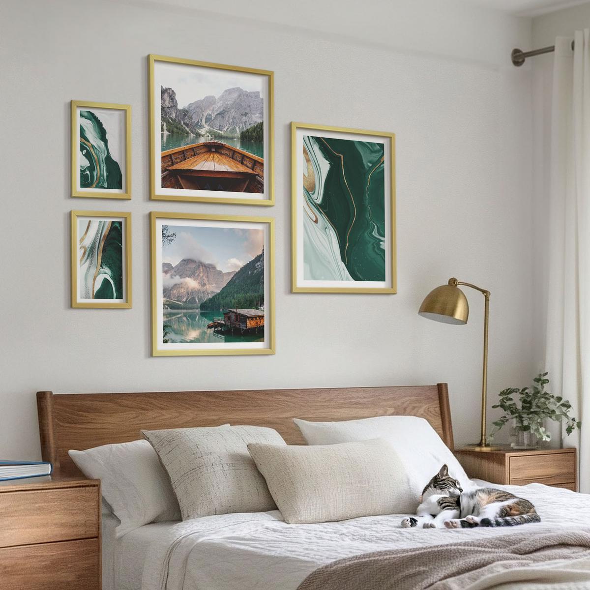 BILDER SET 5er Set - 50x50 cm & 20x30 cm & 40x60 cm Goldrahmen - Abstrakte Muster von Sukkulentenblättern - Goldfarben, Kunststoff (40/60cm) - TULUP
