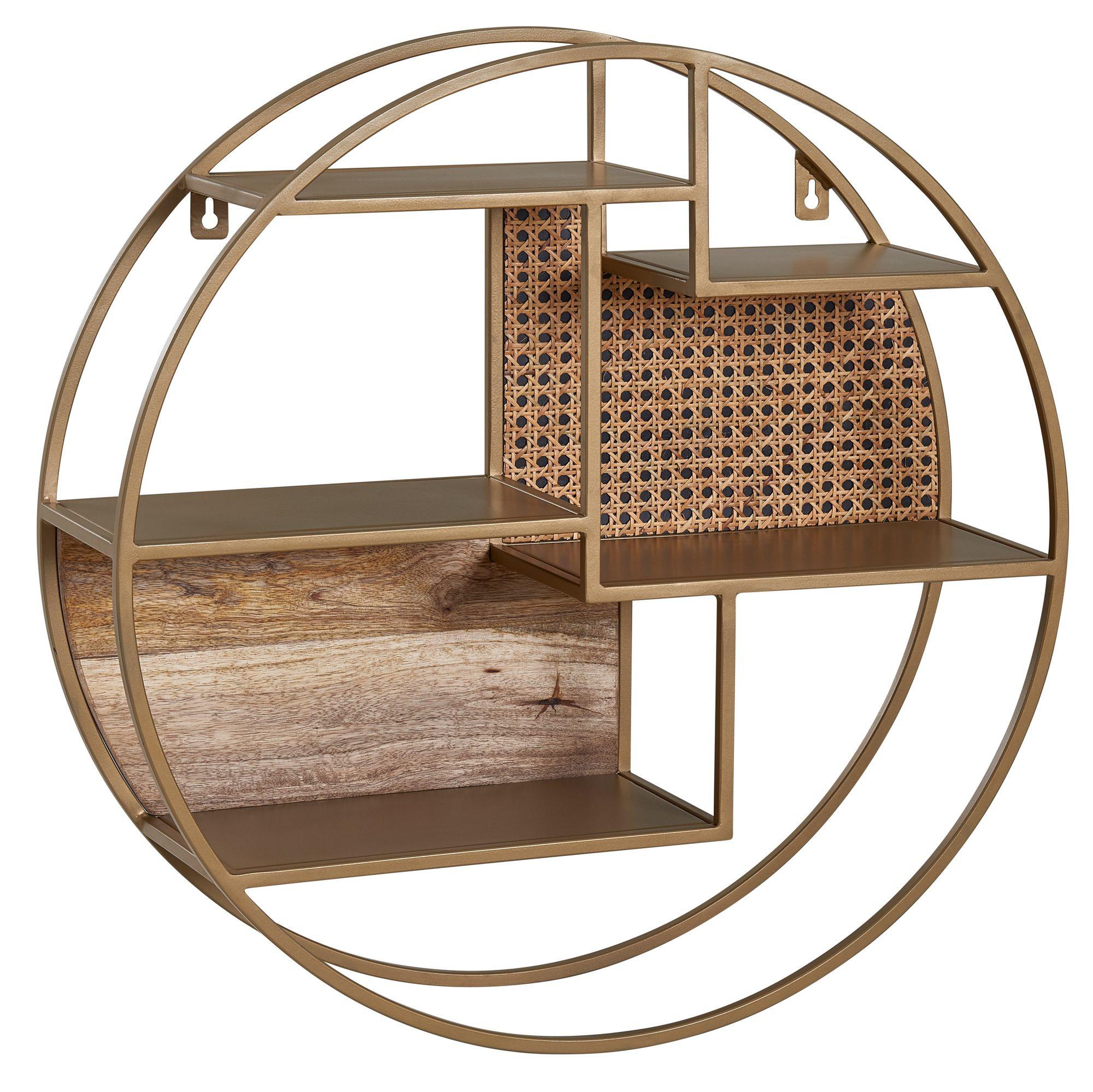 WANDREGAL Massivholz Metall Industrial Stil 62x62x17 cm Rund Wiener Geflecht - Goldfarben, Holz (62/62/17cm) - KADIMA DESIGN