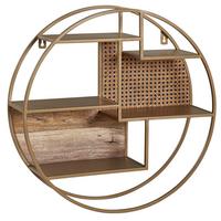 WANDREGAL Massivholz Metall Industrial Stil 62x62x17 cm Rund Wiener Geflecht - Goldfarben, Holz (62/62/17cm) - KADIMA DESIGN