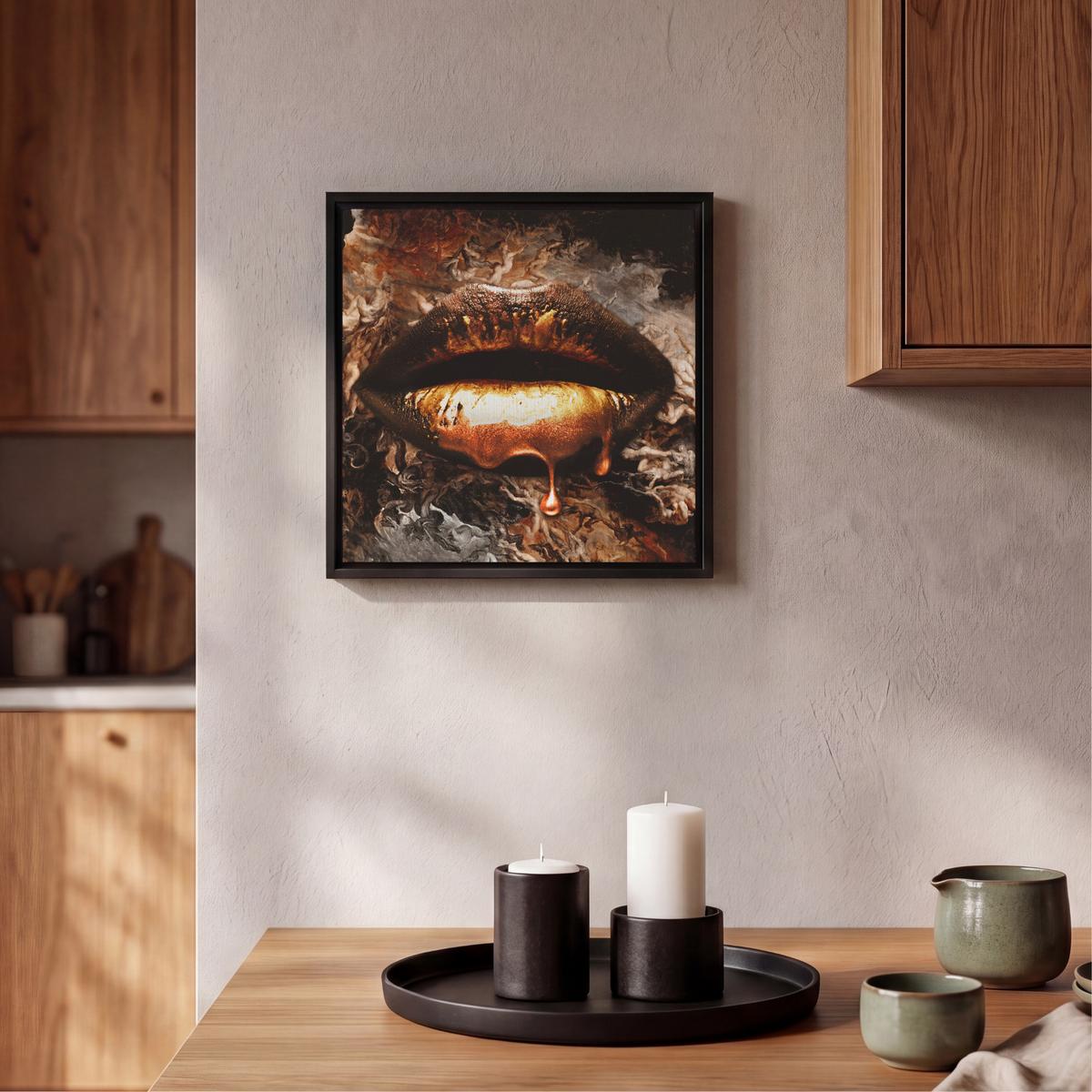 LEINWAND Bilder mit Rahmen - Gold - Lippen - Kunst - Gold - Luxus - Abstrakt - 20x20 - Kupferfarben, Textil (20/20cm) - MuchoWow