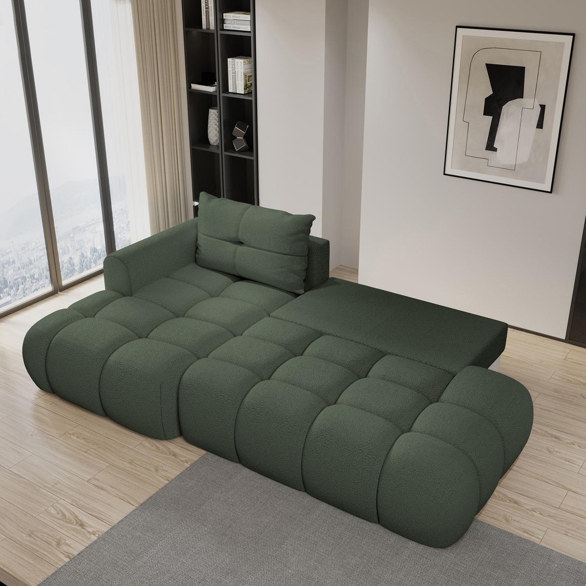 ECKSOFA FLUMA L-S Grün Boucle-Stoff mit Schlaffunktion - Grün, Holz (279/158cm) - MASSENO
