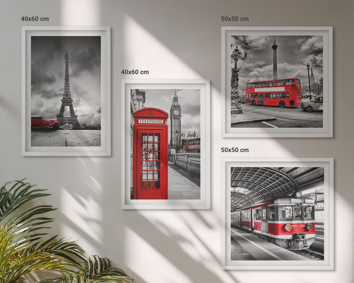 BILDER SET 4er Set - 50x50 cm & 40x60 cm Weißer Rahmen - Ikonische Städte London Paris Eisenbahn - Weiß, Kunststoff (50/50cm) - TULUP