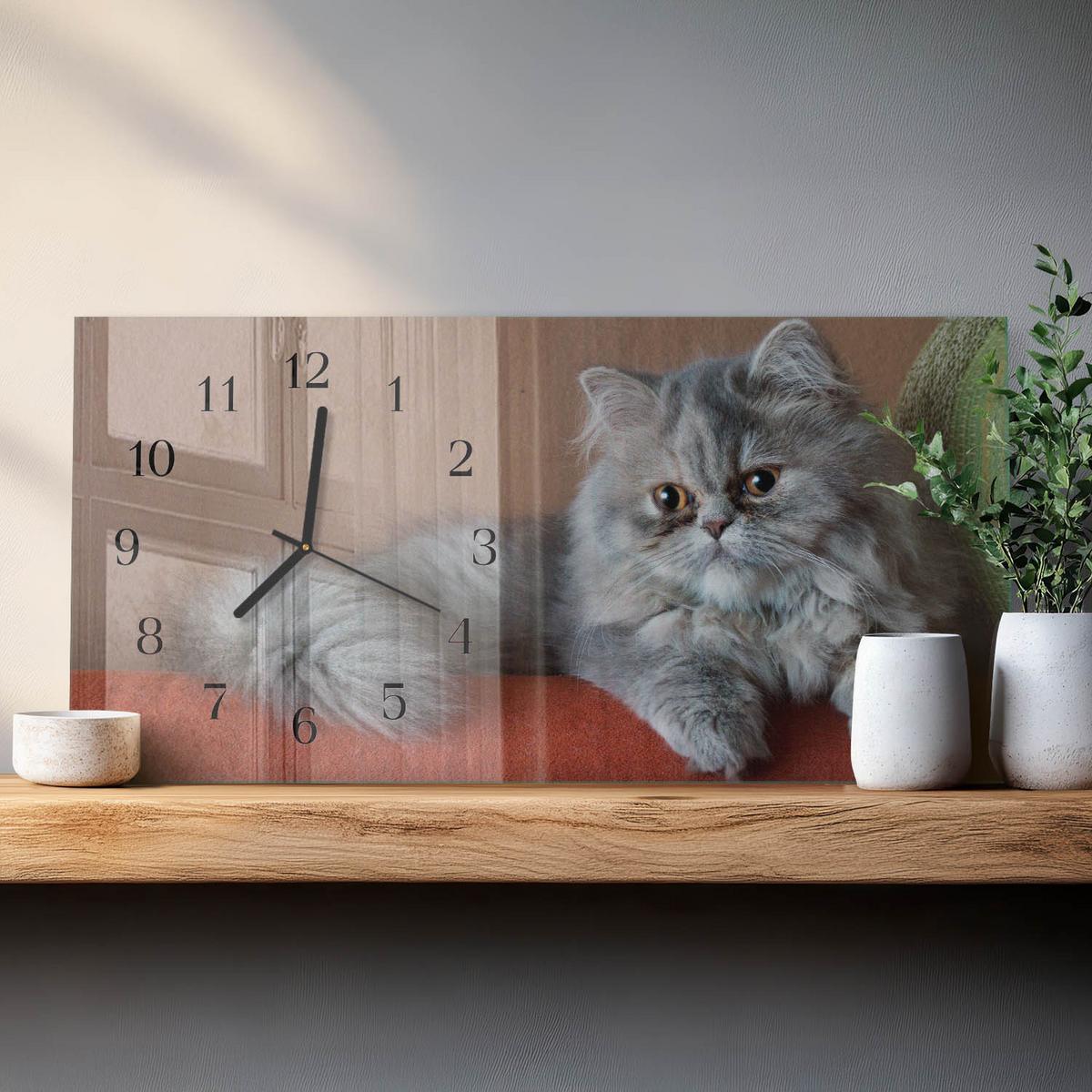WANDUHR aus Glas 60x30 cm - Perserkatze - Grau, Glas (60/30/0.4cm) - TULUP