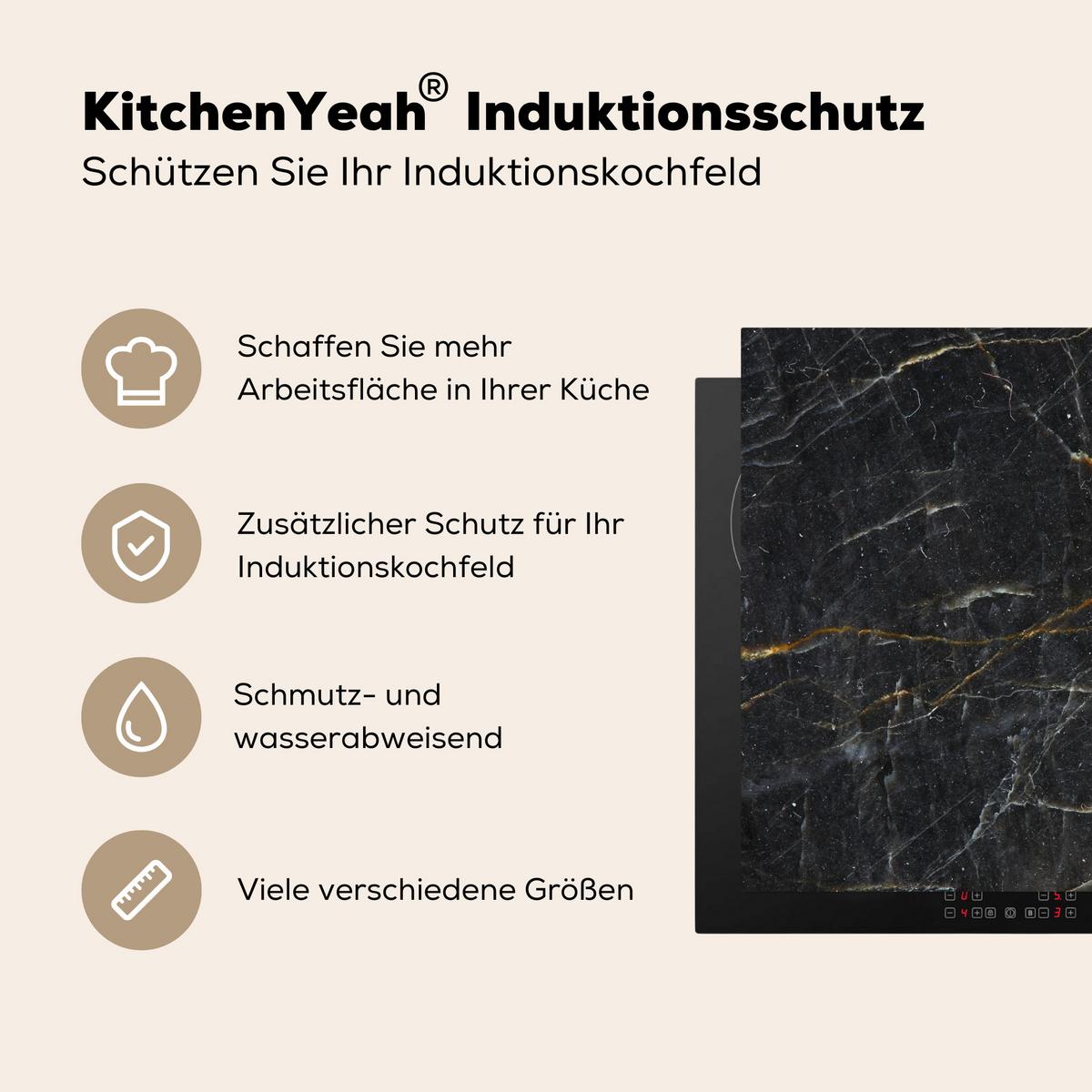HERDABDECKPLATTE Marmor - Schwarz - Gold - Grau - Marmorstruktur Herdabdeckung Induktionsfeld 65x52 cm - Goldfarben, Kunststoff (65/52/0.2cm) - MuchoWow