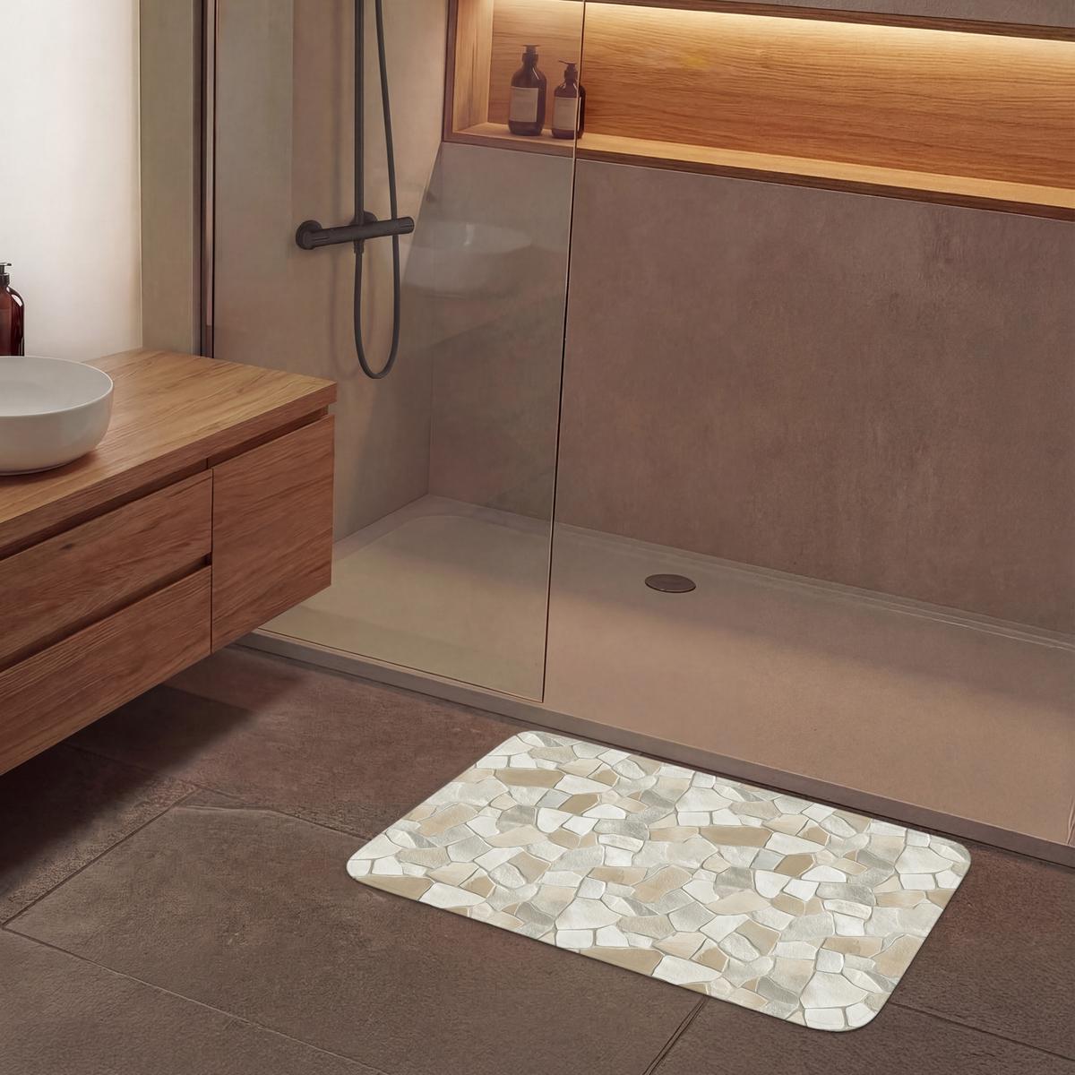 BADEMATTE Mosaik - Steine - Beige 90x60 cm - Beige/Creme, Textil (90/60cm) - OnlyWow