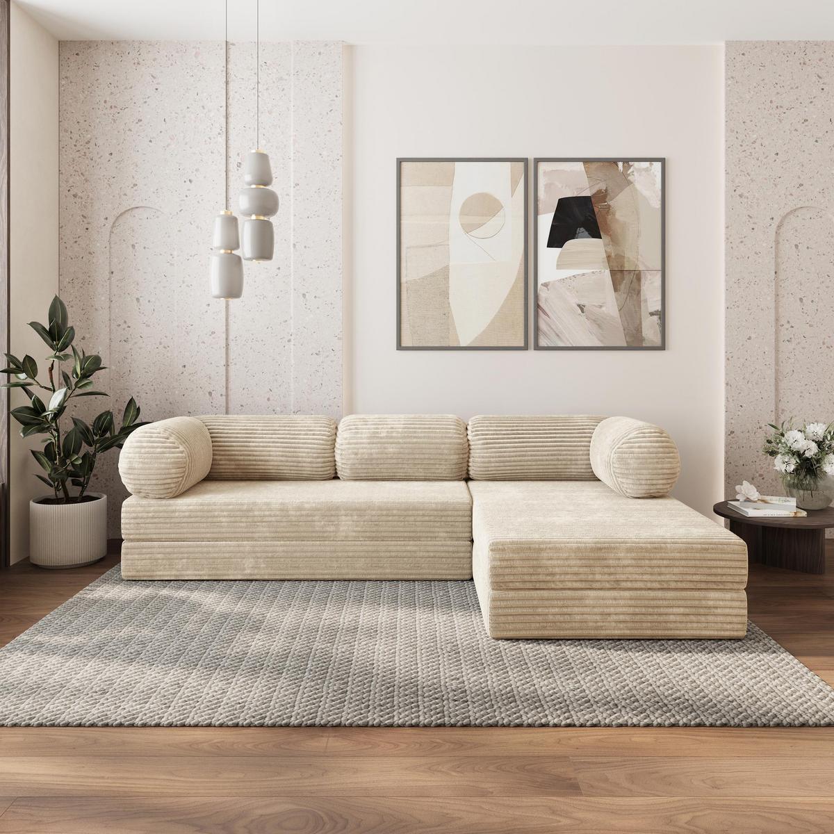 ECKSOFA ETERA modulares Boneless Sofa mit Schlaffunktion Creme Kordstoff - Creme, Textil (270/160cm) - MASSENO