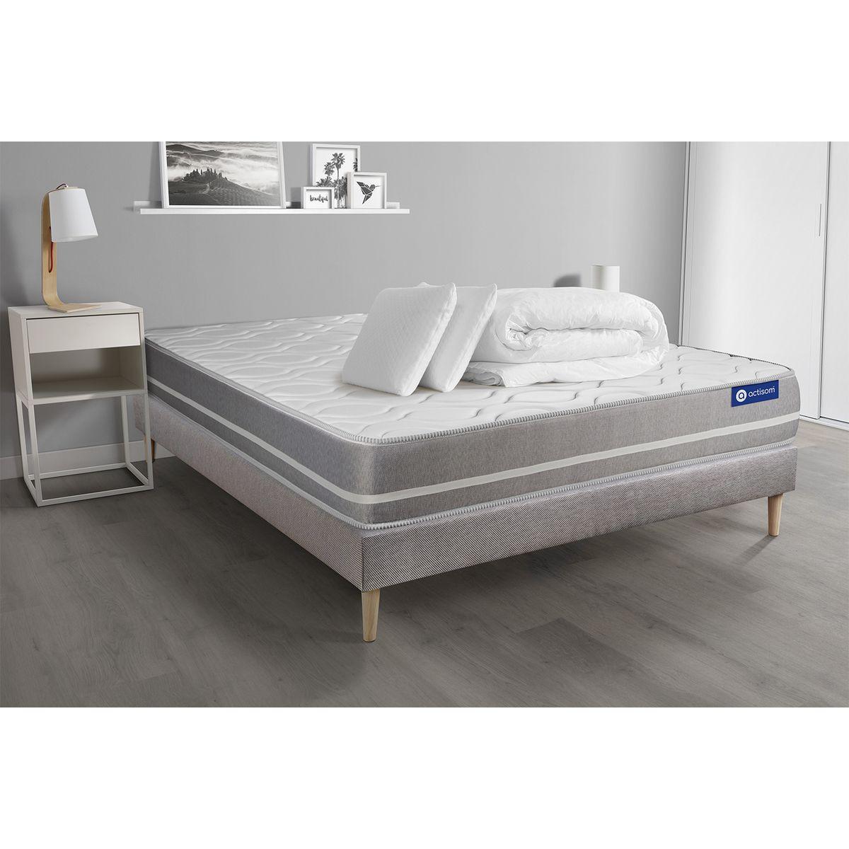 BETT Actimemo touch Memory-Schaum 140 x 200 cm h1 - Kit Bettgestell Grau - Mit Kissen und Bettdecke - Beige/Grau, Karton/Holz (140/200cm) - ACTISOM