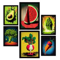 POSTER Set Mit 6 Ausgewogene Ernährung Vollfarbige Plakate Von Obst, Gemüse Und Gesunden Lebensmitteln Im Urban Art Stil A3 & A4 Schwarzer Rahmen - Schwarz, Papier (29/3cm) - Nacnic