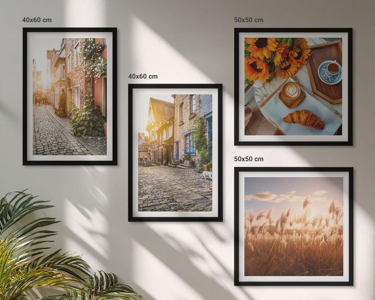 BILDER SET 4er Set - 50x50 cm & 40x60 cm Schwarzer Rahmen - Charmante Straßen mit Kaffee - Schwarz, Kunststoff (50/50cm) - TULUP
