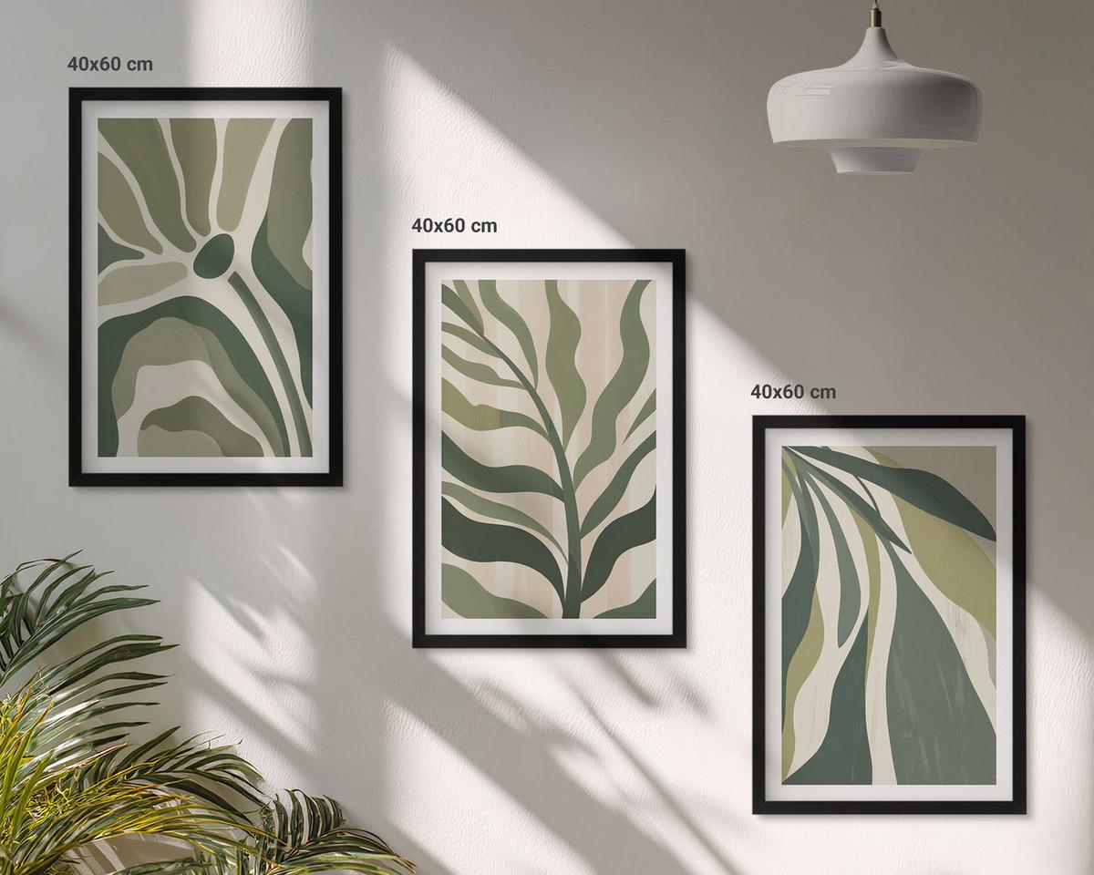 BILDER SET 3er Set - 40x60 cm Schwarzer Rahmen - Illustrationen gemalter grüner Blätter - Schwarz, Kunststoff (40/60cm) - TULUP