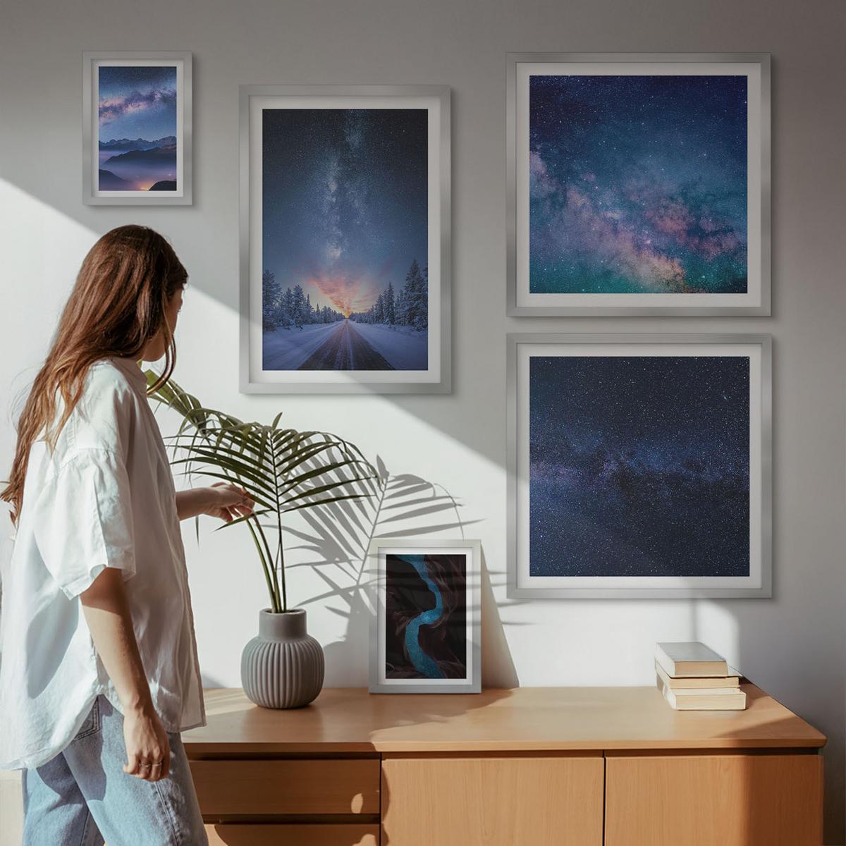 BILDER SET 5er Set - 50x50 cm & 20x30 cm & 40x60 cm Silberner Rahmen - Herbstliche Naturlandschaften - Silberfarben, Kunststoff (40/60cm) - TULUP