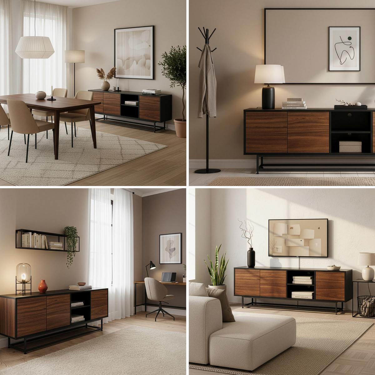SIDEBOARD Boxholm - Walnussfarben/Schwarz, Holzwerkstoff/Metall (160/56.5/30cm) - [en.casa]