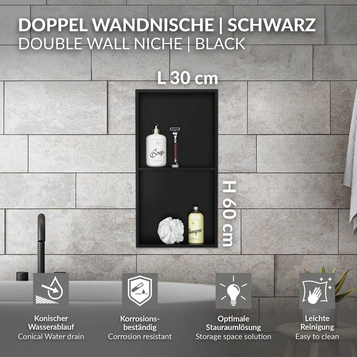 DUSCHNISCHE Schwarz 30/60 cm - Schwarz, Metall (30/60/10cm) - LuxeBath