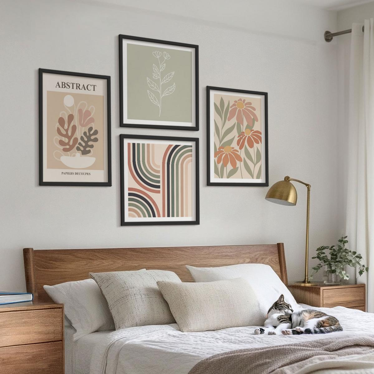 BILDER SET 4er Set - 50x50 cm & 40x60 cm Schwarzer Rahmen - Abstrakte Pastellpflanzen - Schwarz, Kunststoff (50/50cm) - TULUP