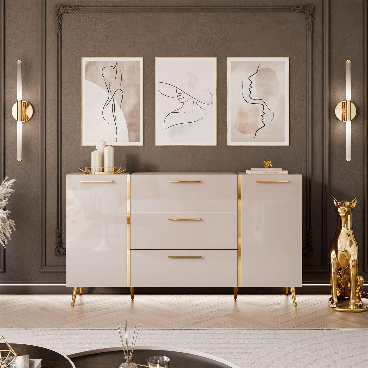 SIDEBOARDS mit Schubladen ONYX Kaschmir auf goldenen Beinen Hochglanz - Kaschmir, Holzwerkstoff (158/88/41.3cm) - Lookway