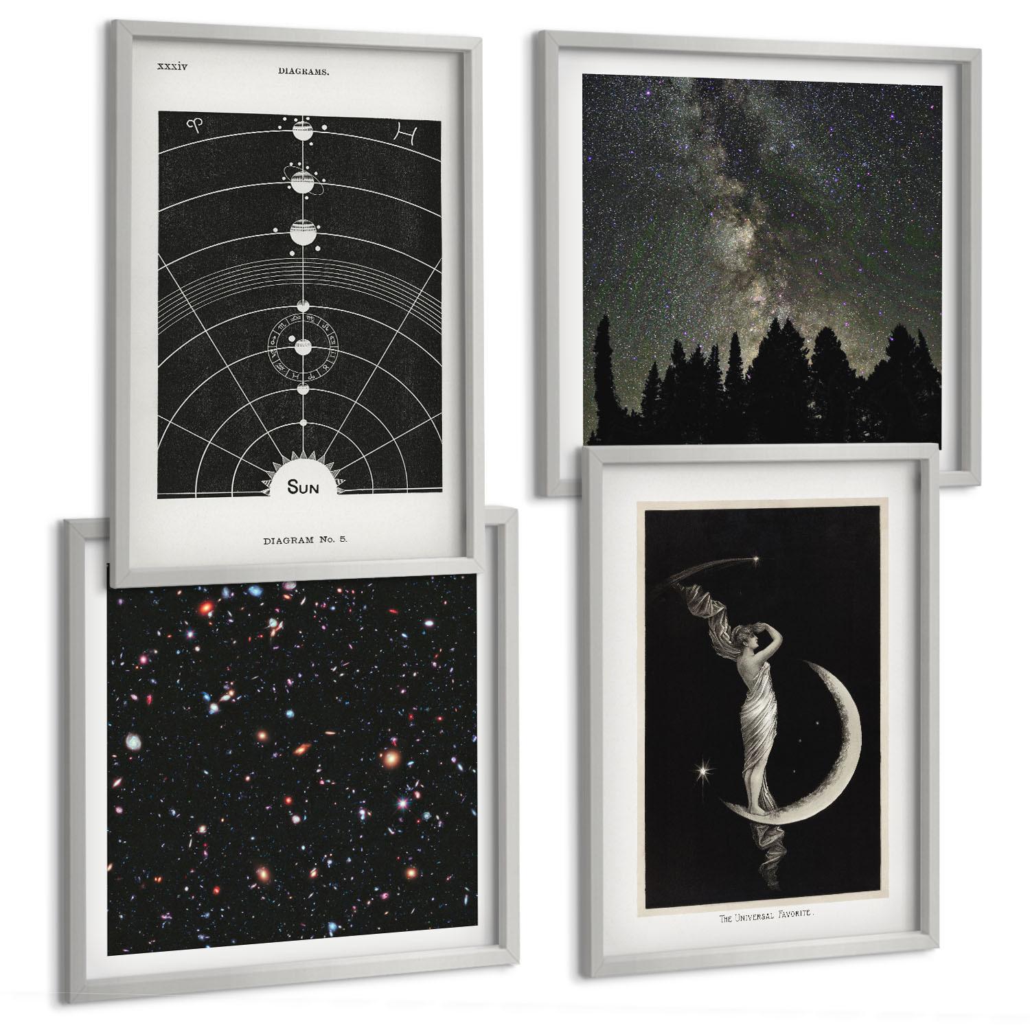 BILDER SET 4er Set - 50x50 cm & 40x60 cm Silberner Rahmen - Galaxie im Sonnensystem - Silberfarben, Kunststoff (50/50cm) - TULUP