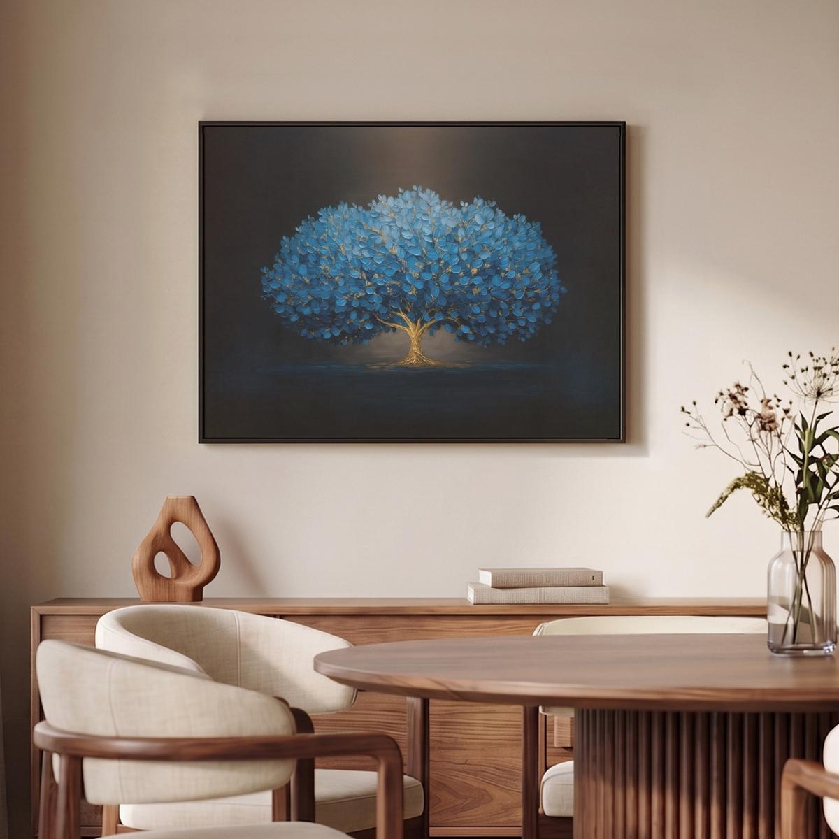 LEINWAND Bilder mit Rahmen - Baum - Blau - Blätter - Pinselstriche - 80x60 - Blau, Textil (80/60cm) - MuchoWow