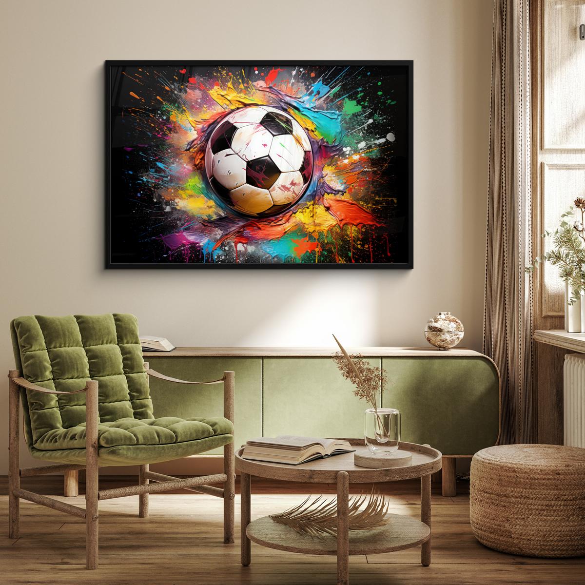 POSTER MIT RAHMENGERAHMTES BILD Fußball - Farbe - Farben - Schwarz - Weiß 120x80 cm - Weiß, Papier (120/80cm) - MuchoWow