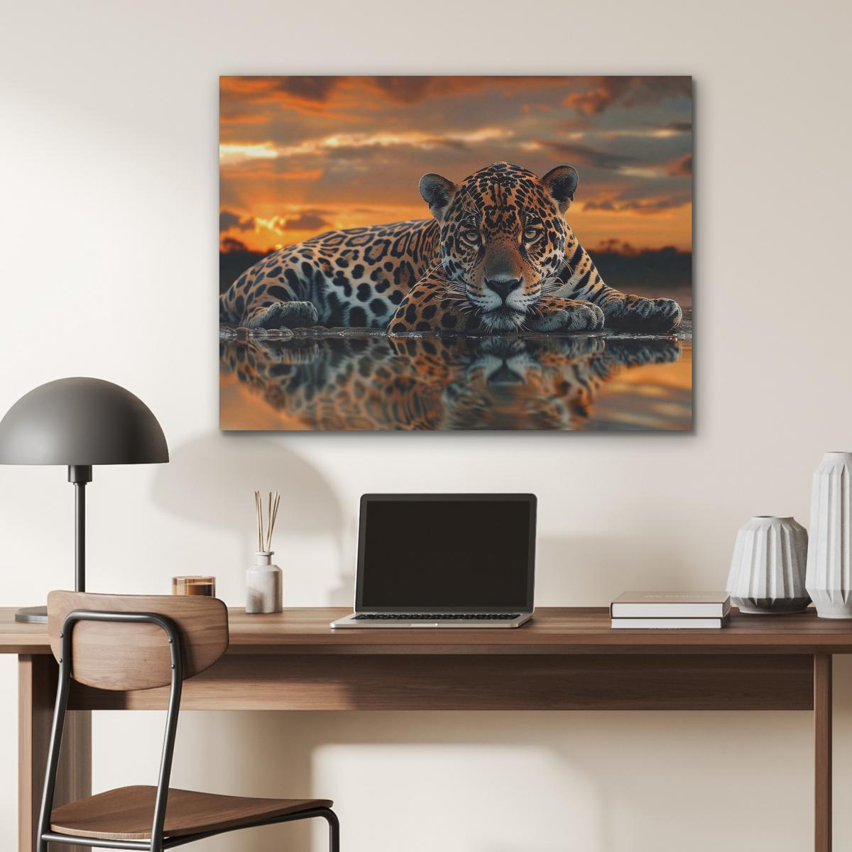 AKUSTIKBILD Natur - Leopard - Tier - Sonnenuntergang - Modern Gemälde 80x60 cm - Orange, Kunststoff (80/60/0.9cm) - MuchoWow