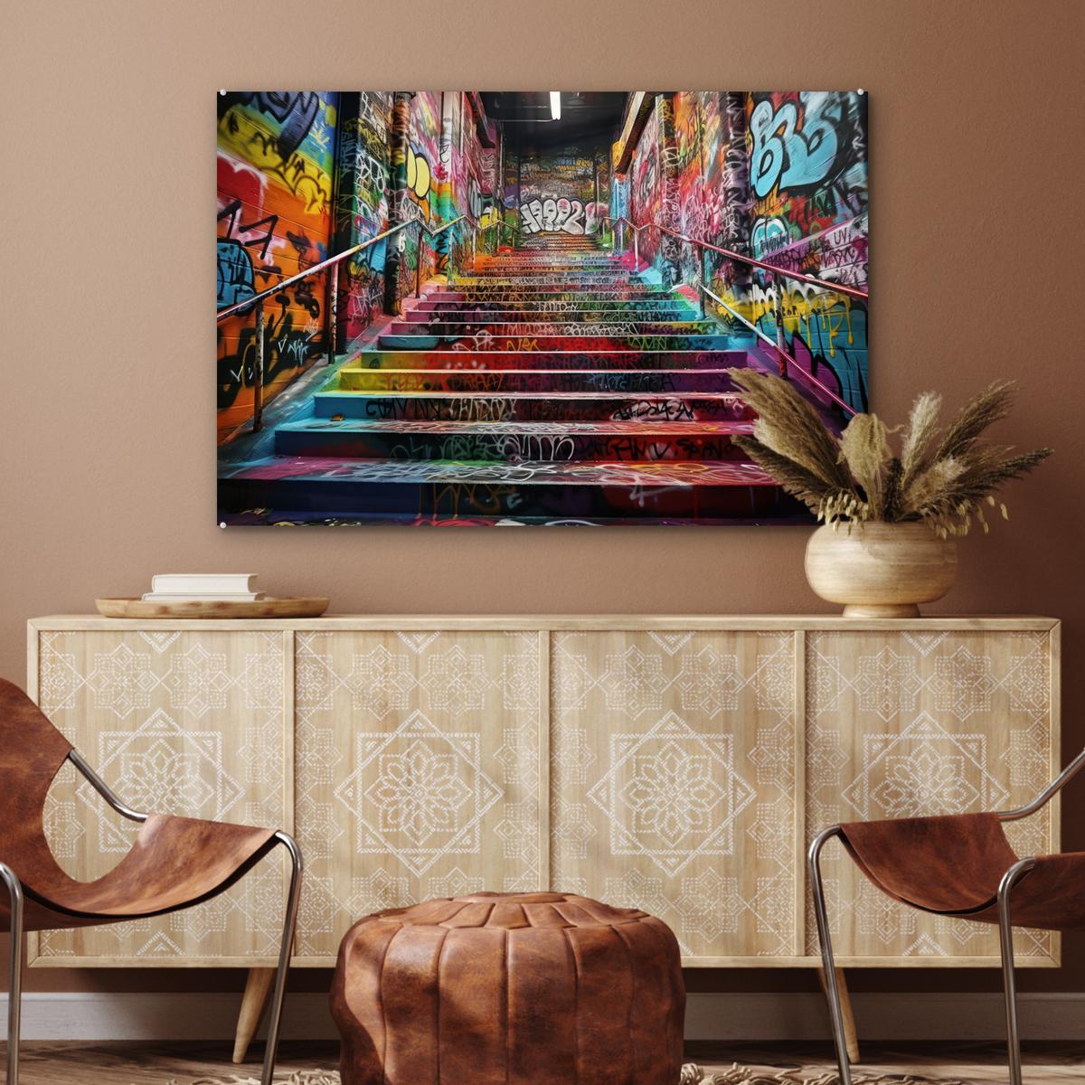 ACRYLGLASBILD Treppe - Graffiti - Farben - Kunst Wandbild Schlafzimmer 120x80 cm - Multicolor, Glas (120/80cm) - MuchoWow