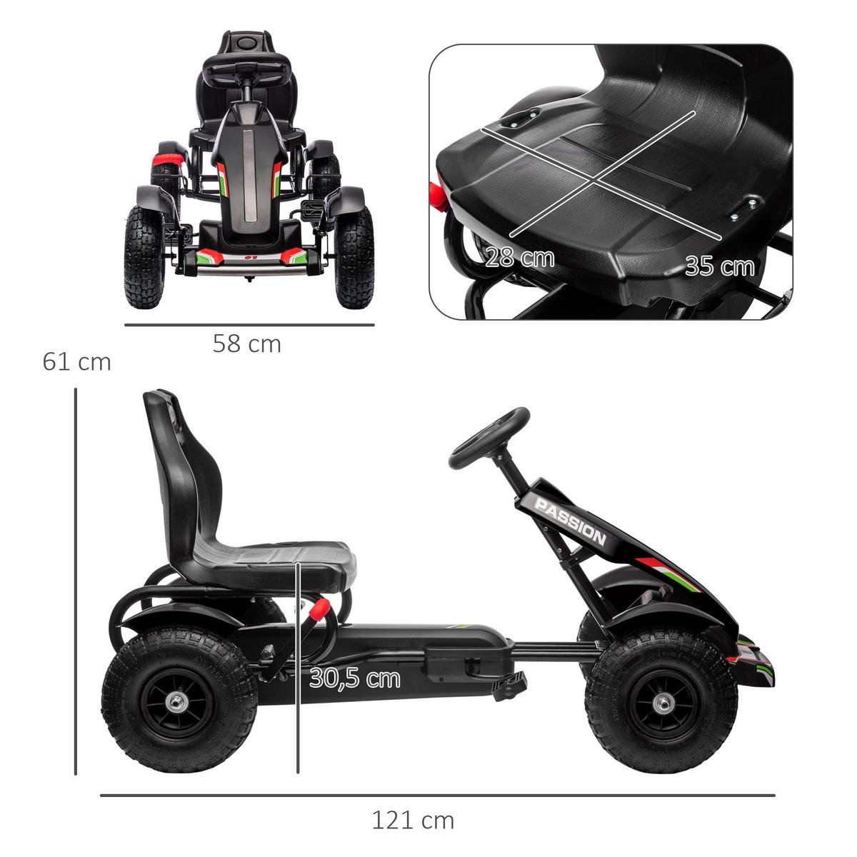 KINDER GO KART TRETAUTO, Schwarz, Kunststoff+ Metall - Schwarz, Metall (121/58/61cm) - HOMCOM