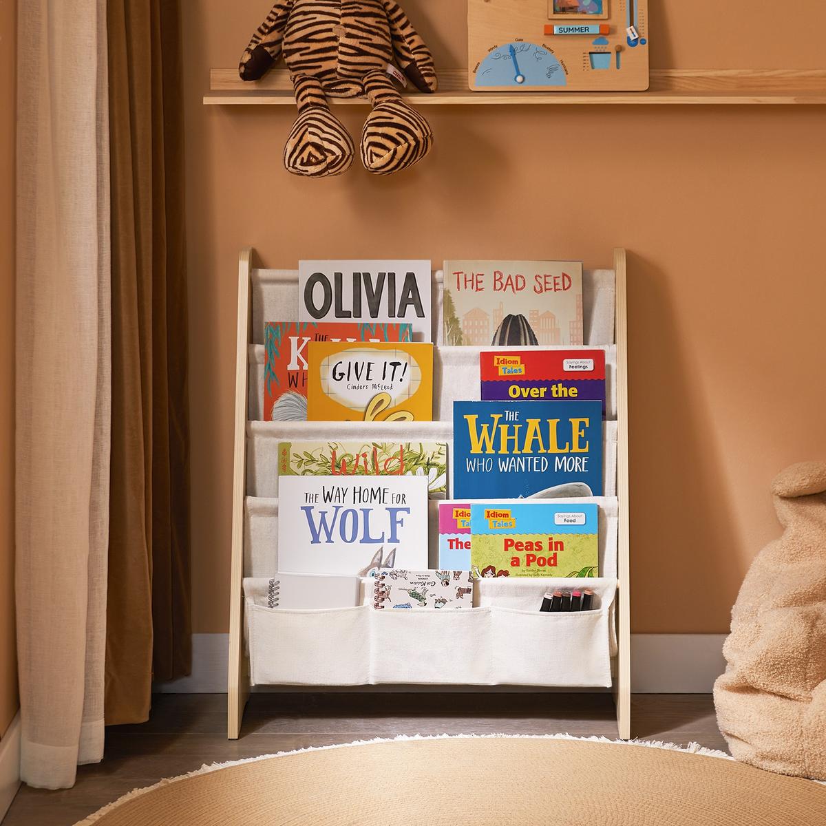 KINDER-BÜCHERREGAL mit 4 Stofffächern, Natur 63x76x28cm - Naturfarben, Holz/Holzwerkstoff (63/76/28cm) - SoBuy