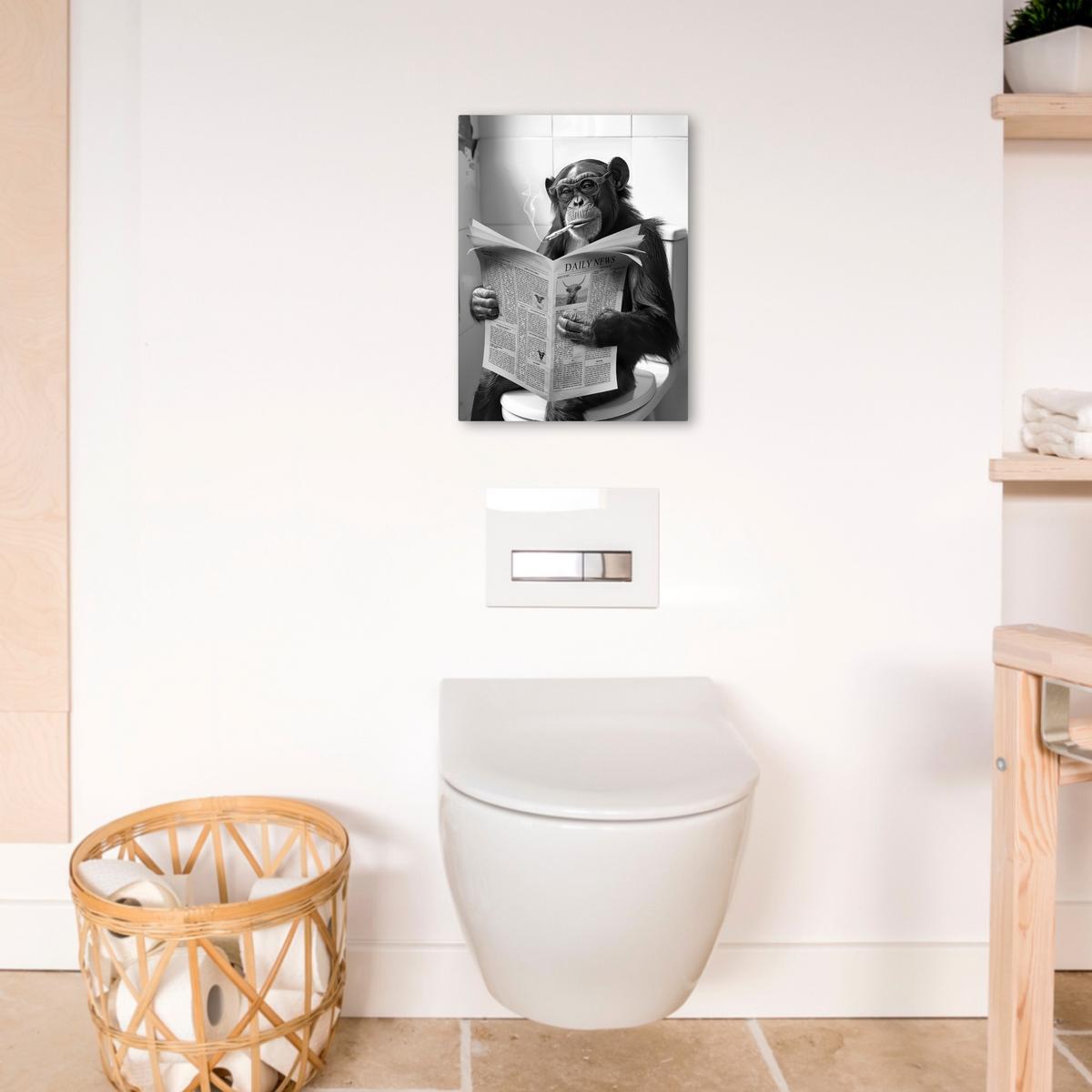 LEINWANDBILD Affe - WC - Zeitung - Schwarz-Weiß - Humor Room Decor 30x40 cm - Hellgrau, Textil (30/40cm) - MuchoWow