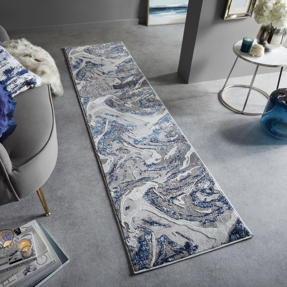 TEPPICH OUSE, abstrakt, Blau-Grau, 80 x 300 cm - Blau, Textil (300/80cm) - KADIMA DESIGN