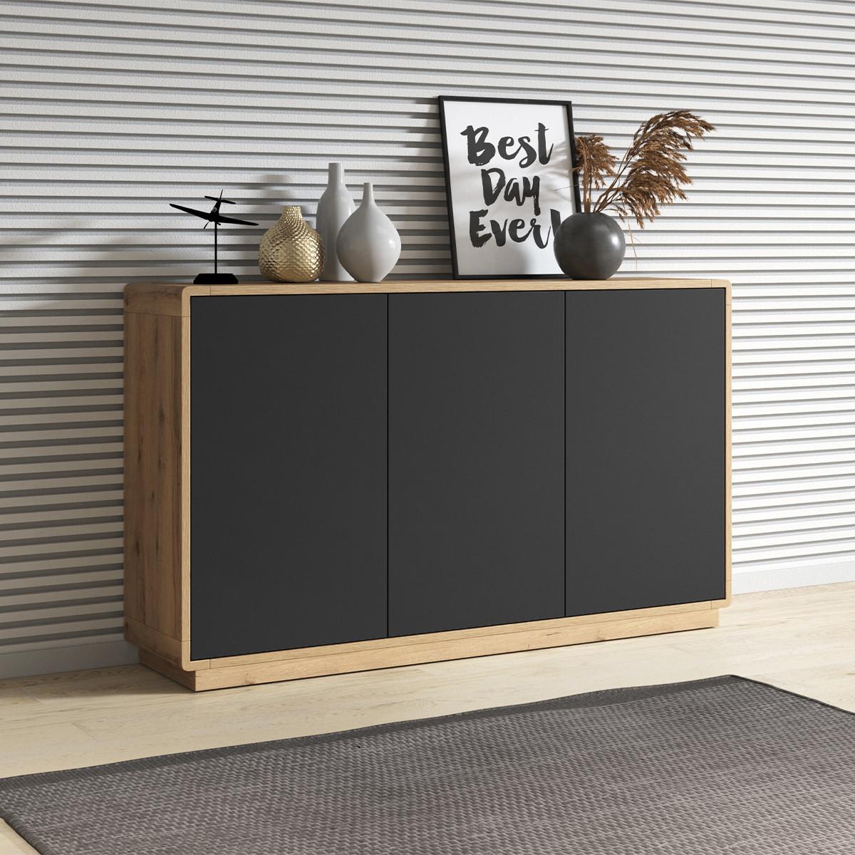 SIDEBOARD Raven Mattschwarz und Holz - Schwarz, Holzwerkstoff (160/75/40cm) - Petits-meubles