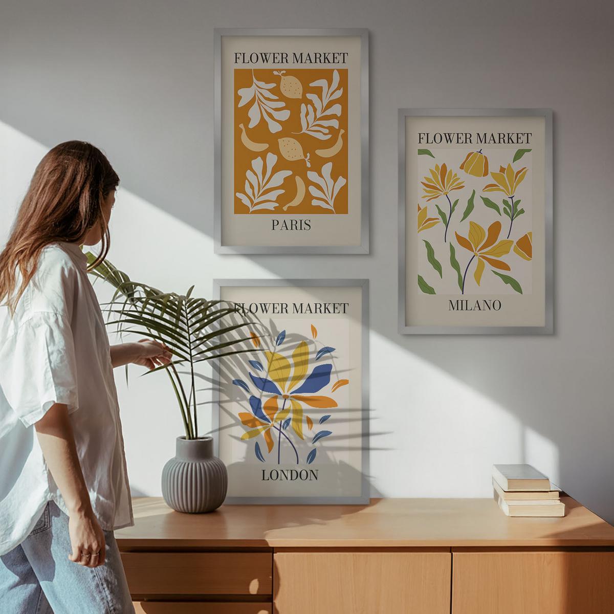 BILDER SET 3er Set - 40x60 cm Silberner Rahmen - Blumenposter Paris Mailand London - Silberfarben, Kunststoff (40/60cm) - TULUP