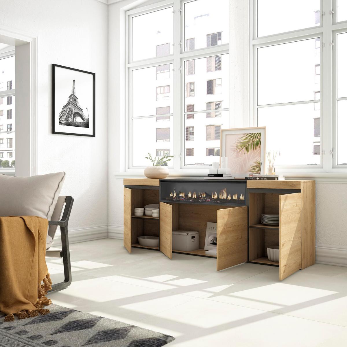 SIDEBOARD mit Elektrokamin, eiche, schwarz, 200/35/75cm - Beige/Multicolor, Holzwerkstoff (200/75/35cm) - Skraut Home