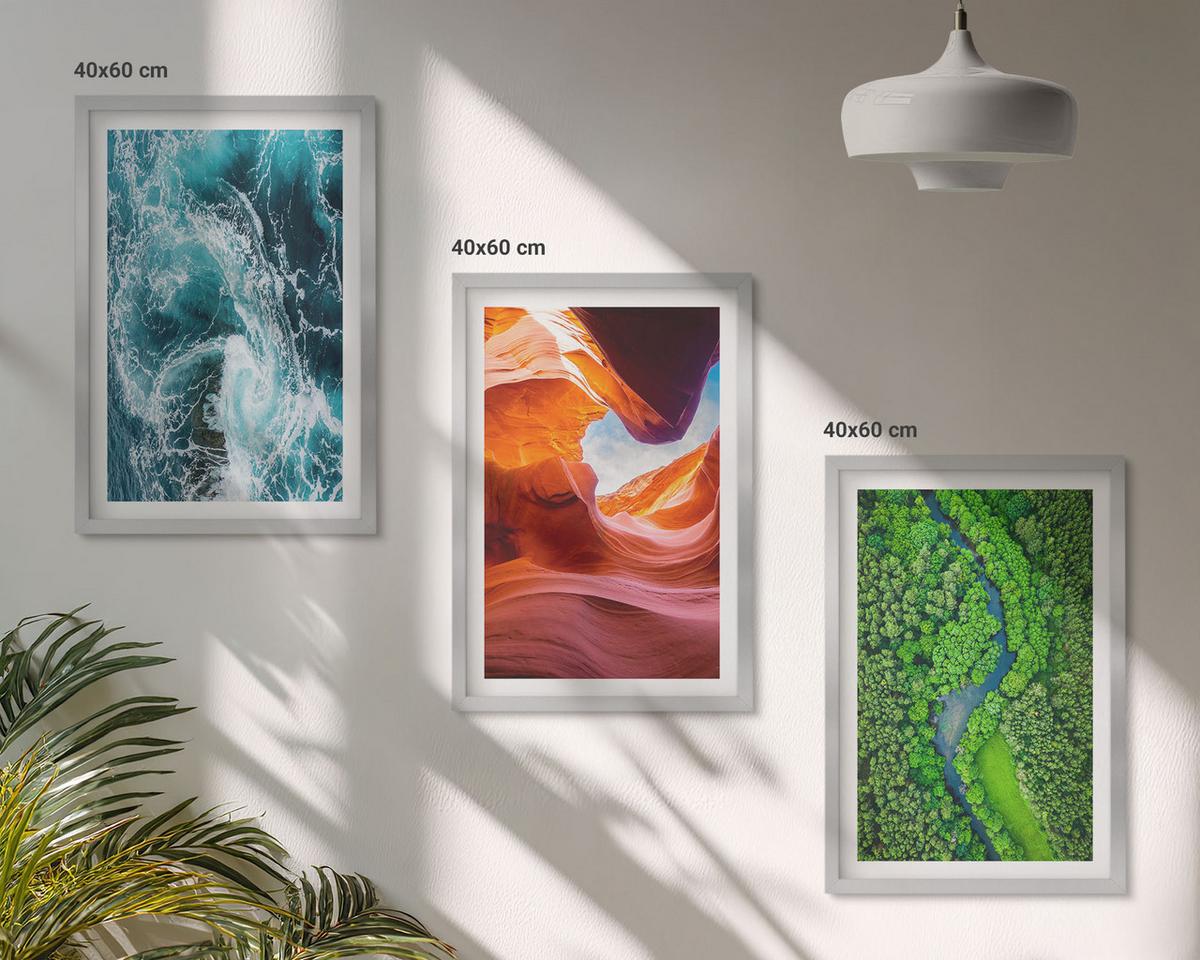 BILDER SET 3er Set - 40x60 cm Silberner Rahmen - Wasserbewegung Canyon grüner Wald - Silberfarben, Kunststoff (40/60cm) - TULUP