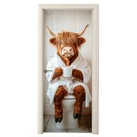 TÜRAUFKLEBER Schottischer Highlander - WC - Bademantel - Modern - Tiere Wanddeko 90x205 cm - Türtapete - Kastanienfarben, Kunststoff (90/0.1/205cm) - MuchoWow
