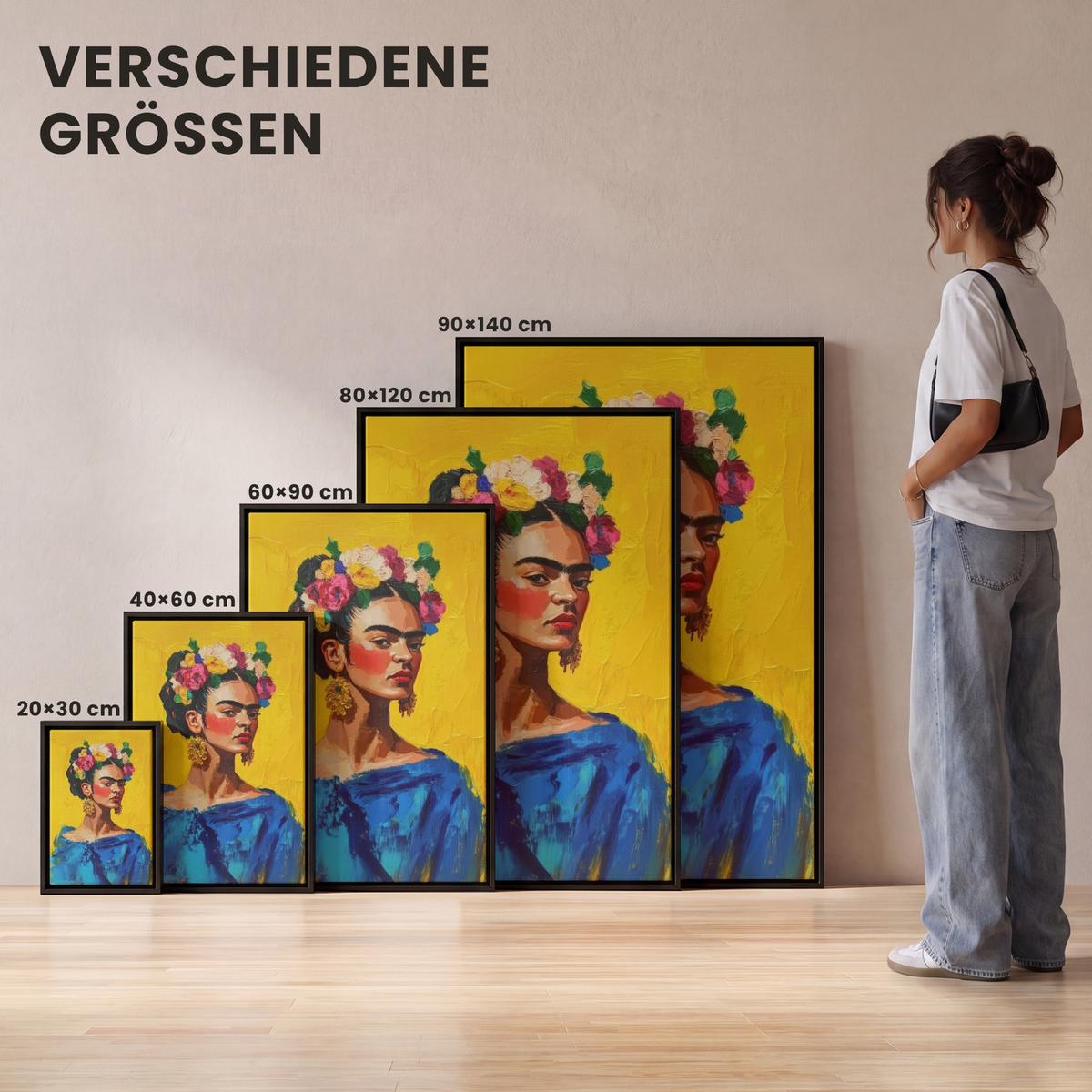 LEINWAND Bilder mit Rahmen - Frida Kahlo - Frau - Gelb - Blau - Blumen - 90x140 - Gelb, Textil (90/140cm) - MuchoWow