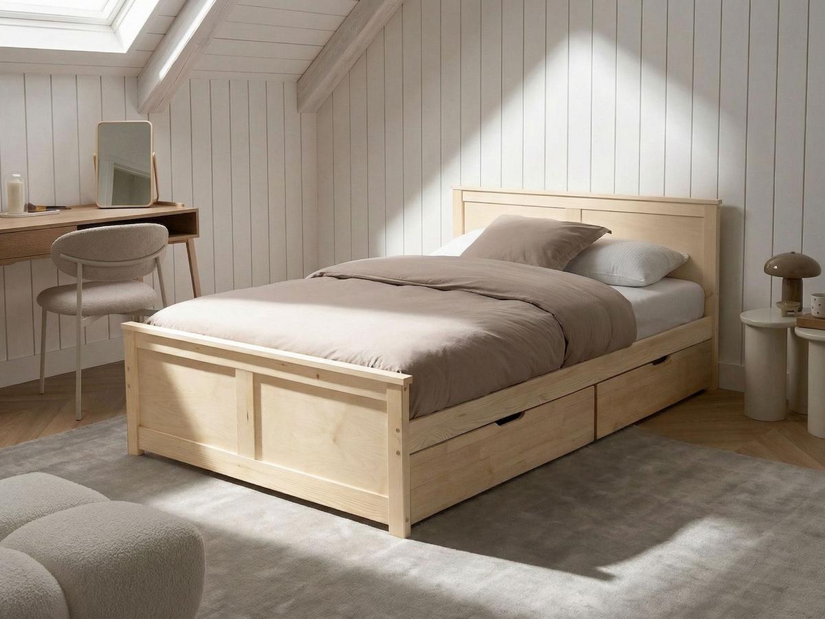 BETT mit 2 Schubladen 120/200 cm Kiefernholz Hellbraun Dauphin - Hellbraun, Holz (120/200cm) - Beliani